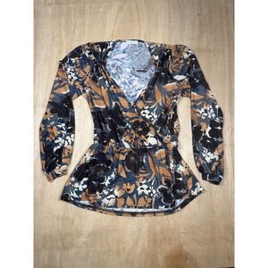 BHATTI Womens Floral Print Wrap Peplum Blouse Long Sleeve Elastic Waist Size